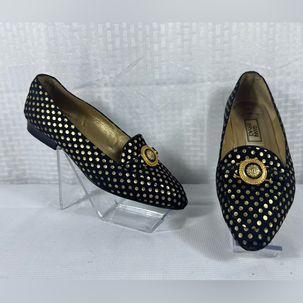 7129: Gianni Versace Gold Studded Suede Flats Black EU 36